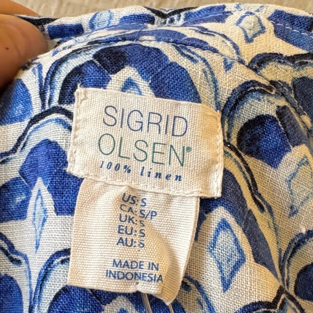 Sigrid Olsen Blue and White Linen Fan Medallion Print Midi Dress Small NWT’s - Picture 11 of 11
